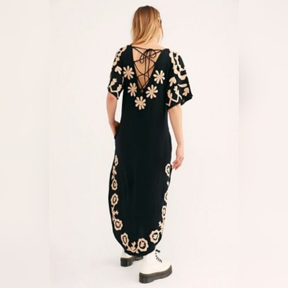 RARE Free People Black Maxi Dress with Cream Floral Embroidery - Picture 2 of 14